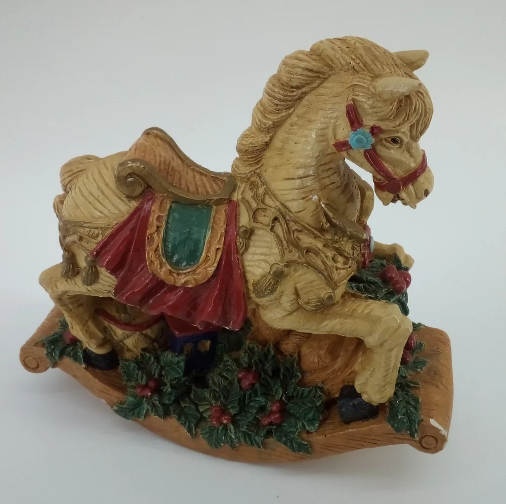 Russ Berries Christmas Rocking Horse w Bear Gifts Table Top Decor Resin
